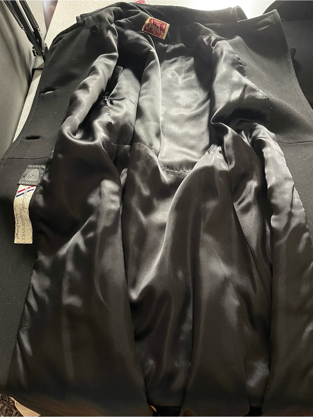Irving Samuel For Ogilvy's Classic Double-Breasted Black Wool Coat with Belt - Picture 6 of 14